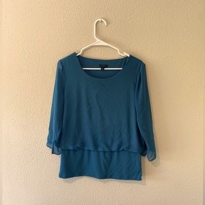 Teal Ann Taylor Sheer Three Quarter Sleeve Blouse